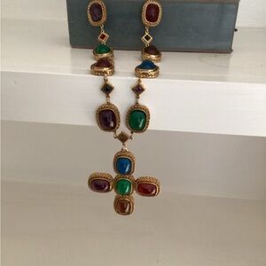 Large Byzantine multi colored stone cross necklace in gold tone.
